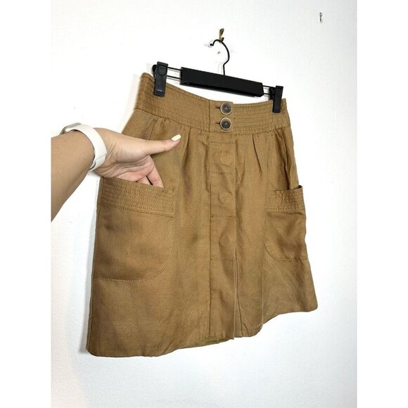 J Crew Brown Linen Blend Pocket Skirt Hidden Button Closure Size 0 Preppy Tan‎ - Picture 4 of 13